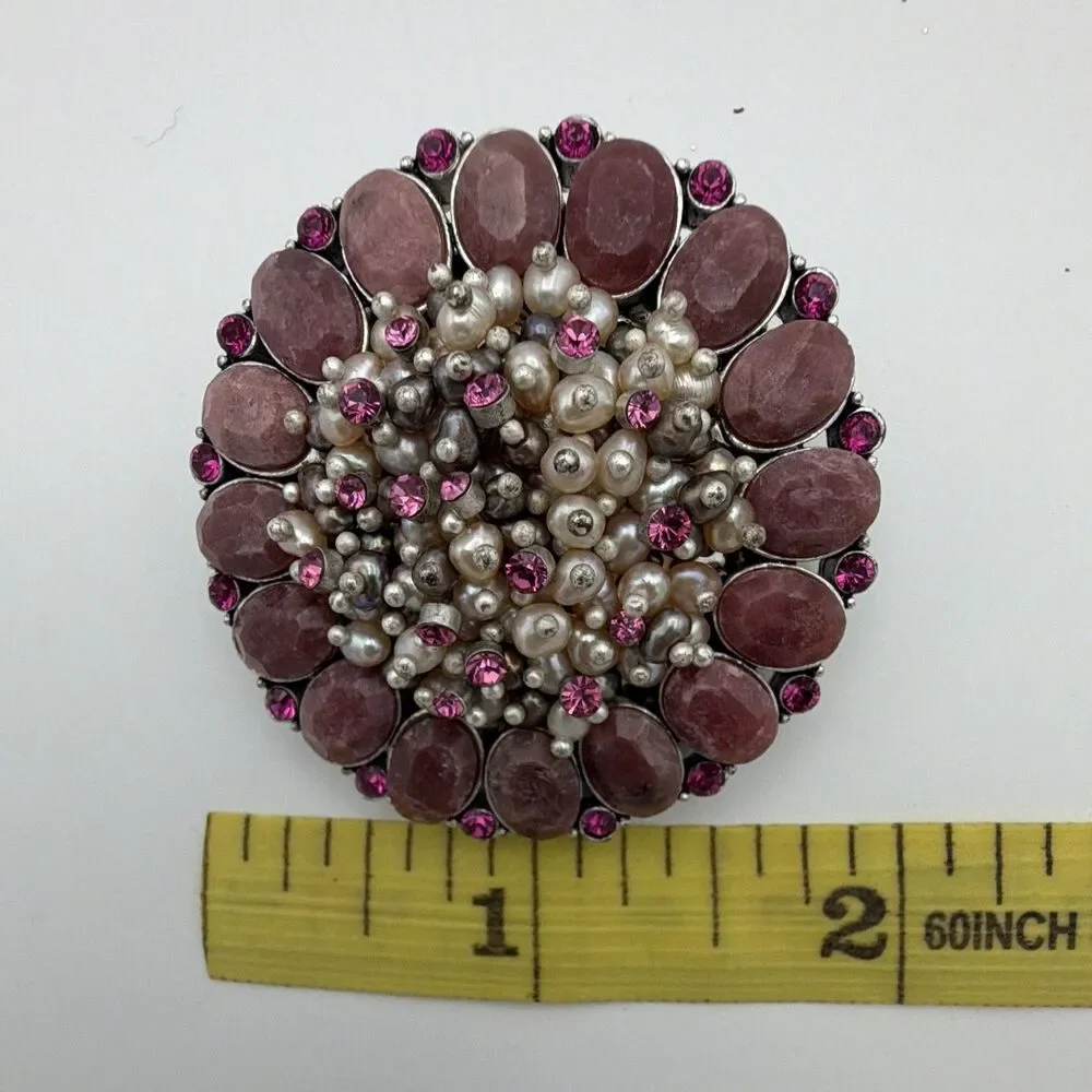 Silver Tone Pink Rhinestone Faux Pearl Round Cluster Brooch Pin 1.75 in